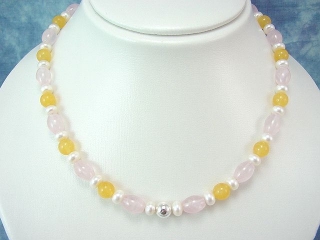 Rose Quartz necklace with orange Calcite and pearls