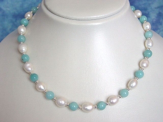 Modern Amazonite necklace with baroque pearls & silver