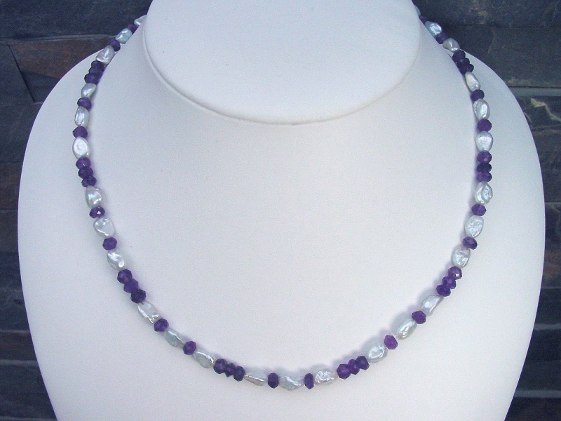 Keshiperlenkette mit Amethyst 89,90 Ct. feine Keshiperlen Halskette 48 - 50 cm