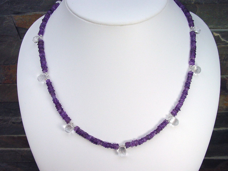 Amethystkette mit Bergkristall 110,20 Ct. fein facettierte Briolette Tropfen 50 - 53 cm